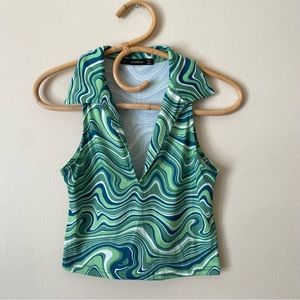 Hesperus Green Swirl Collared Crop Tank Top